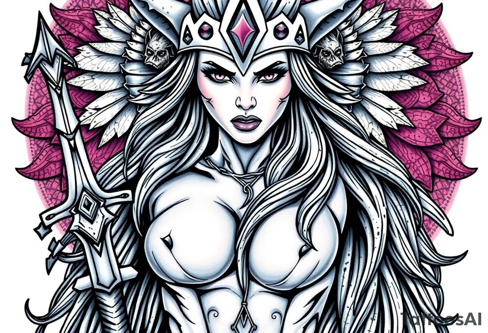 Viking goddess warrior full body sexy long hair pin up tattoo idea