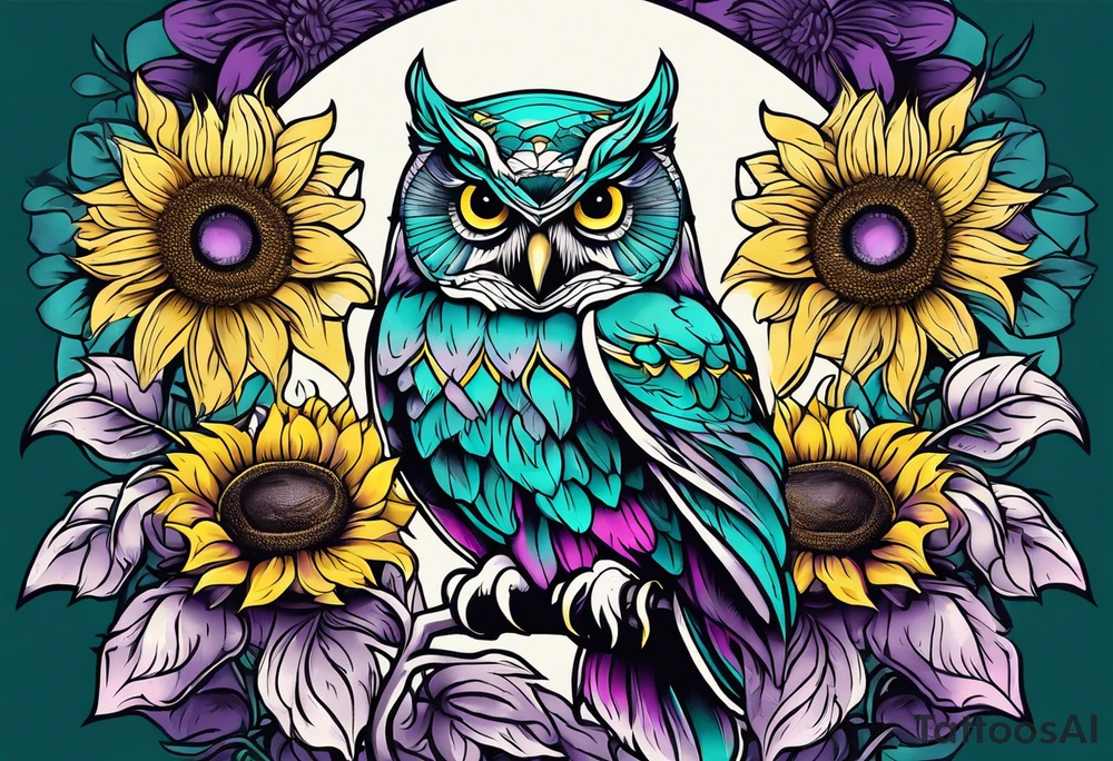 Owl lightly colored teal, pink and purple surrounded by yellow sunflowers sleeve tattoo idea