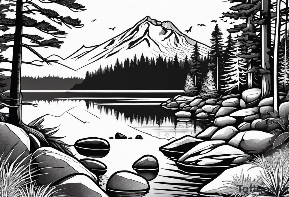 shoulder/upper arm design. pebble beach on a lakefront with a lake surrounded by tall trees and a mountain backdrop. Has reflections across the lakewater tattoo idea