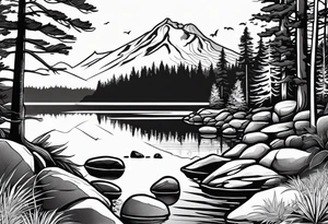 shoulder/upper arm design. pebble beach on a lakefront with a lake surrounded by tall trees and a mountain backdrop. Has reflections across the lakewater tattoo idea