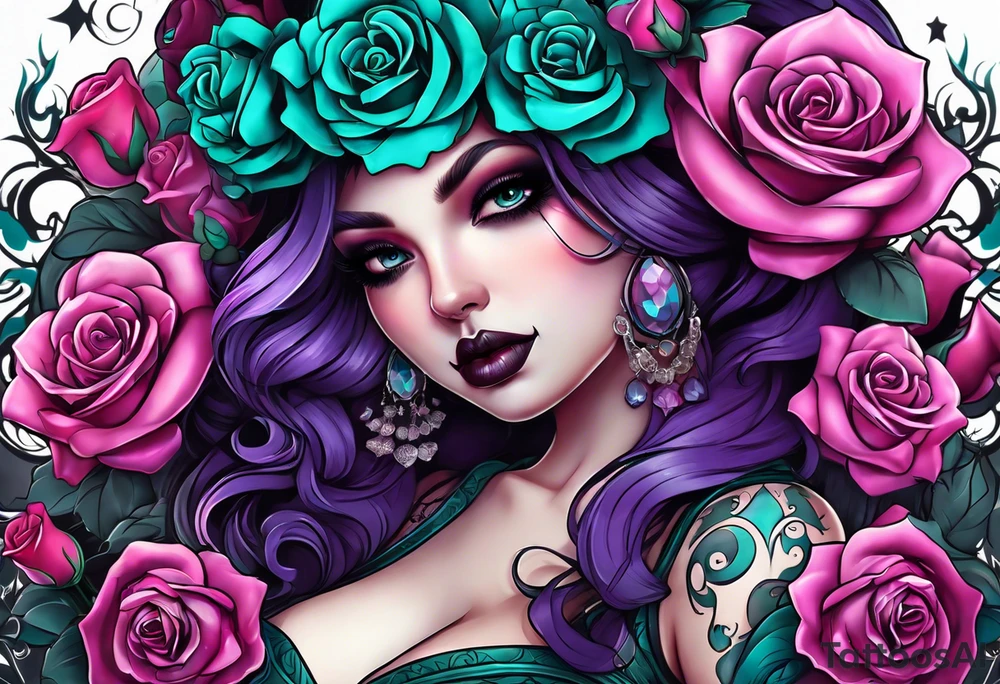Chubby gothic girl, roses, skulls, teal, pink, purple tattoo idea