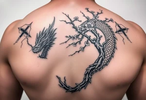 Sekiro shadows die twice divine dragon entwined with a cherry blossom tree going from chest to shoulder tattoo idea