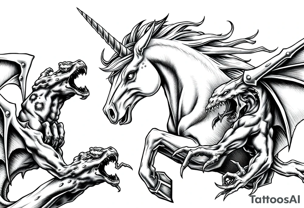 Dark unicorn evil and angry fighting with demons tattoo idea