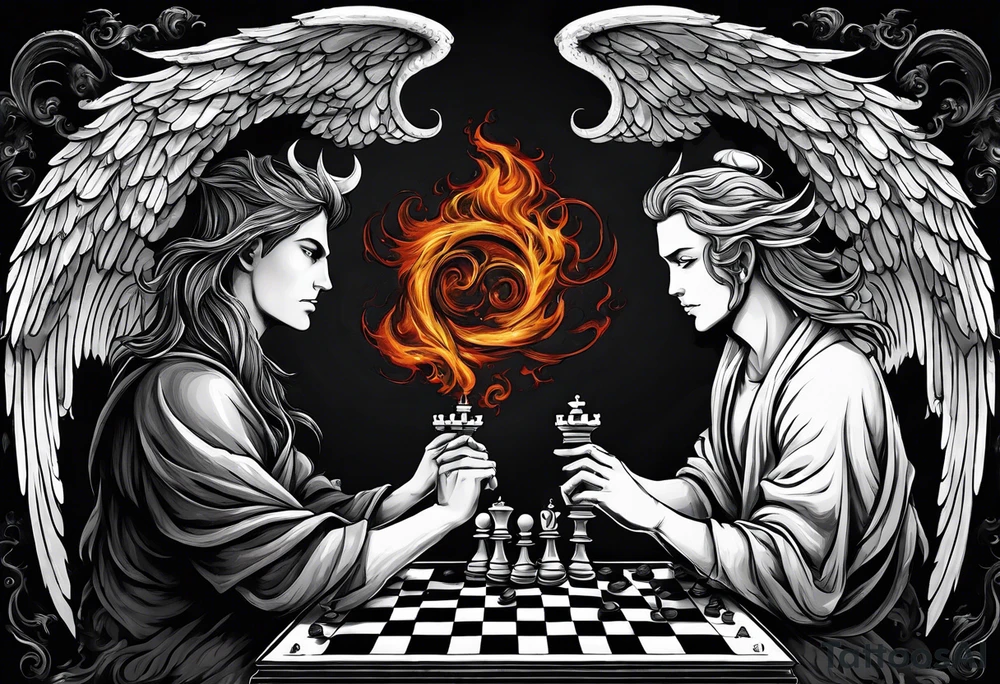 Depict an angel and demon playing chess on a board that morphs from celestial clouds to fiery inferno, representing the merging of the spiritual realms in the eternal game tattoo idea
