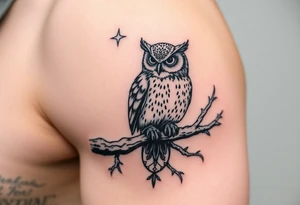 wise owl perched on ancient oak branch under starlit sky tattoo idea