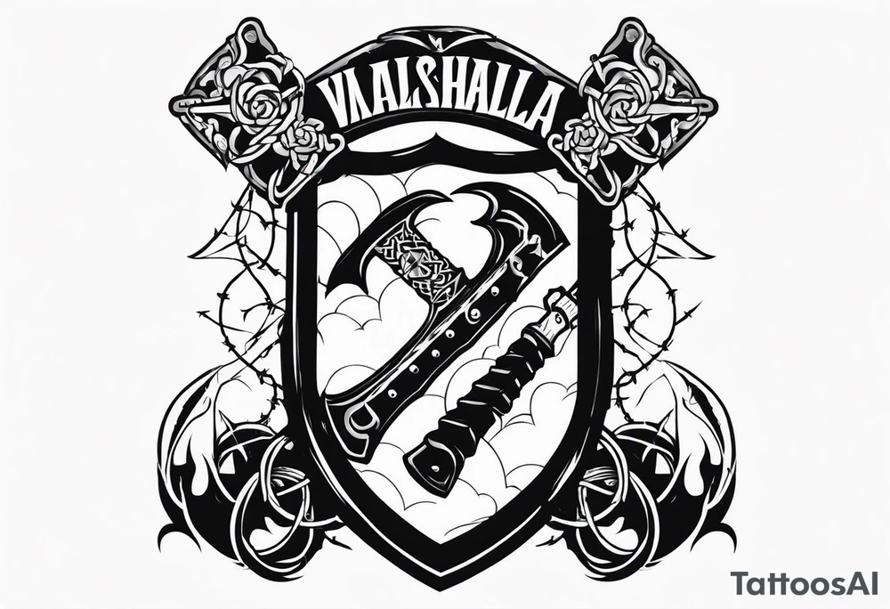 Valhalla sword round shield axe barbed wire chains dark cloud tattoo idea