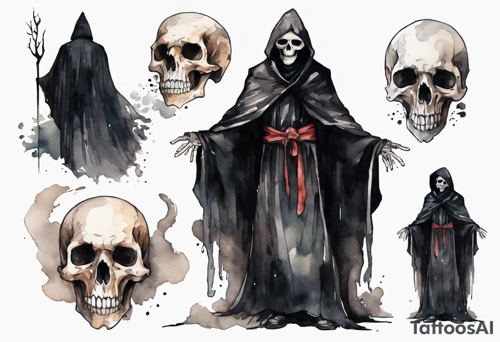 a thin medieval man in a black cloak wearing a skull mask, standing alone in a gloomy place tattoo idea