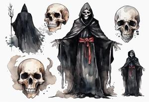 a thin medieval man in a black cloak wearing a skull mask, standing alone in a gloomy place tattoo idea