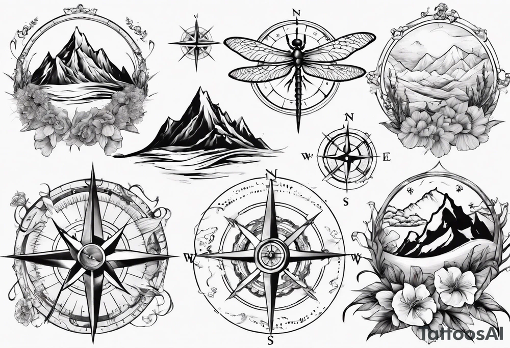 Compass, waves, mountains,
with flowers and dragon fly tattoo idea