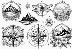 Compass, waves, mountains,
with flowers and dragon fly tattoo idea