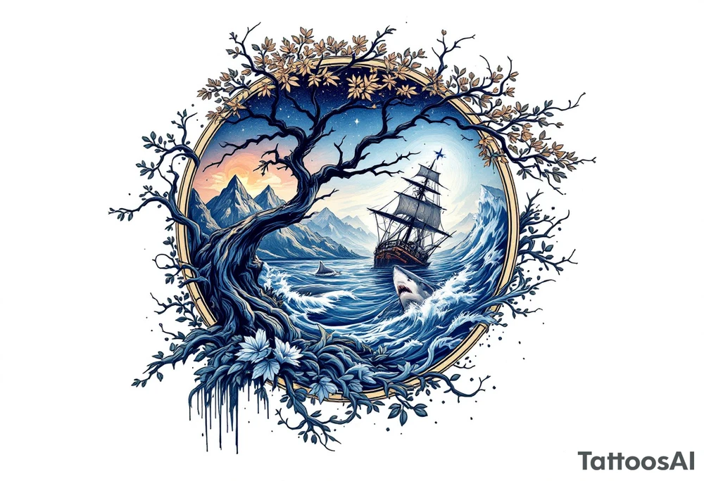 tattoo that has an acacia tree with mountains, ocean with a ship wreck with sharks and the northern star tattoo idea