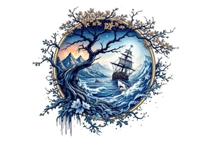 tattoo that has an acacia tree with mountains, ocean with a ship wreck with sharks and the northern star tattoo idea