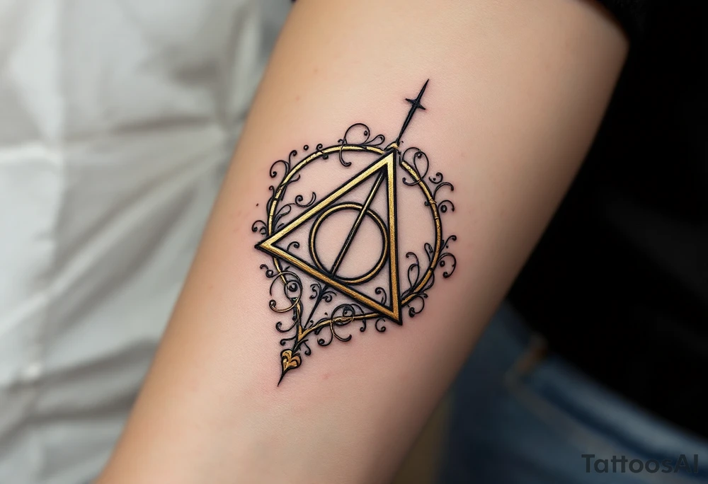 A detailed Deathly Hallows symbol (triangle, circle, and line) surrounded by swirling gold and silver tattoo idea