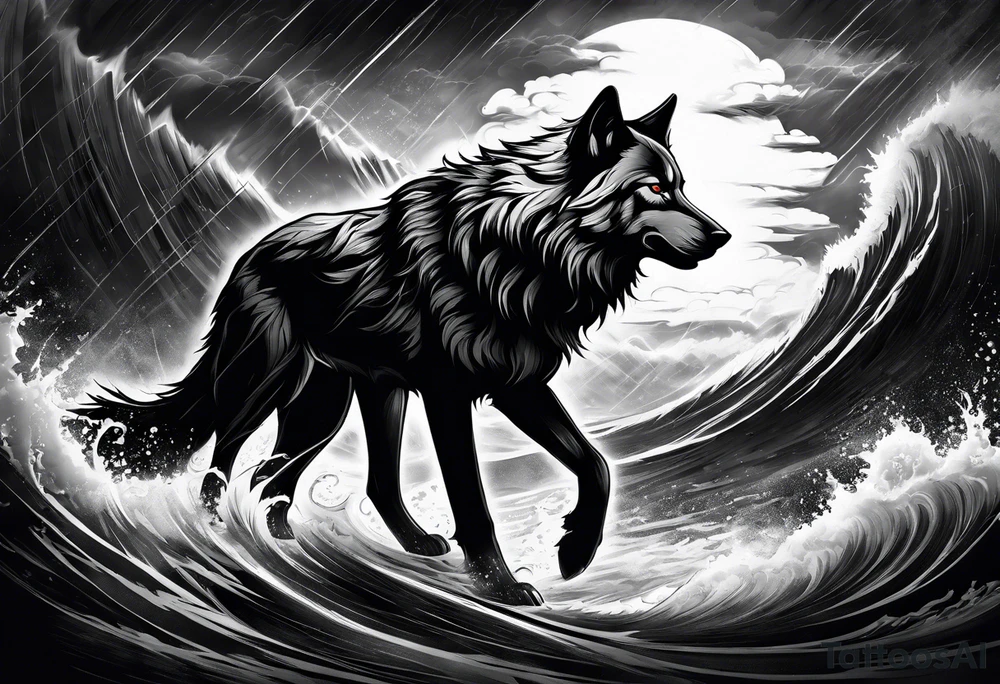 Powerful storm with wolf tattoo idea