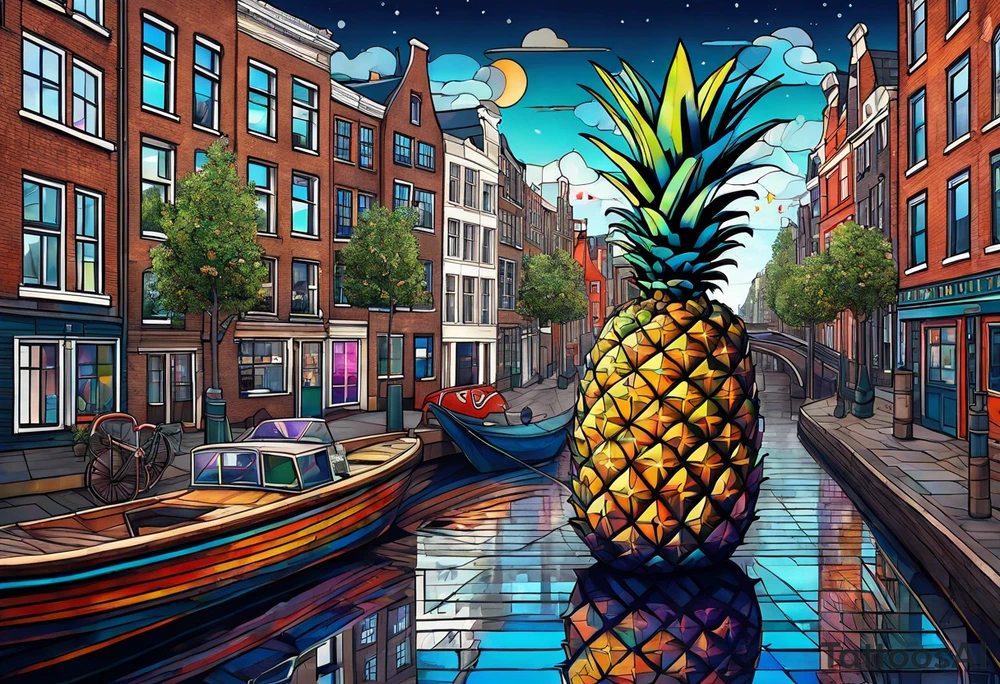 Animals and pineapples featuring animals and pineapples in galaxy colours featuring glass in Amsterdam buildings and canal tattoo idea