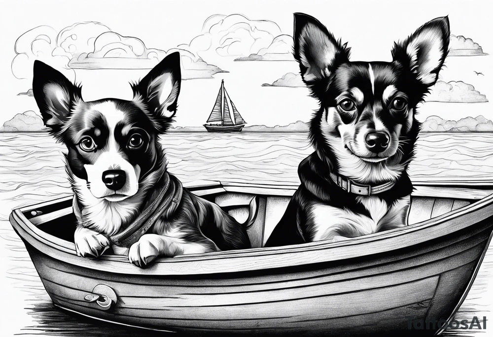 two dogs in a boat. One dog is a chihuahua with big ears. The other dog is a mutt that looks like an australian shepherd tattoo idea