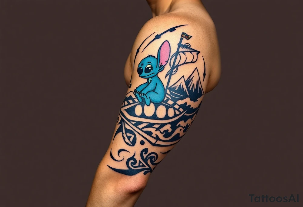 half sleeve, lilo and stitch riding on a turtle, waves, mountains, and then on other side, moana with maui heihei and pua on their boat tattoo idea