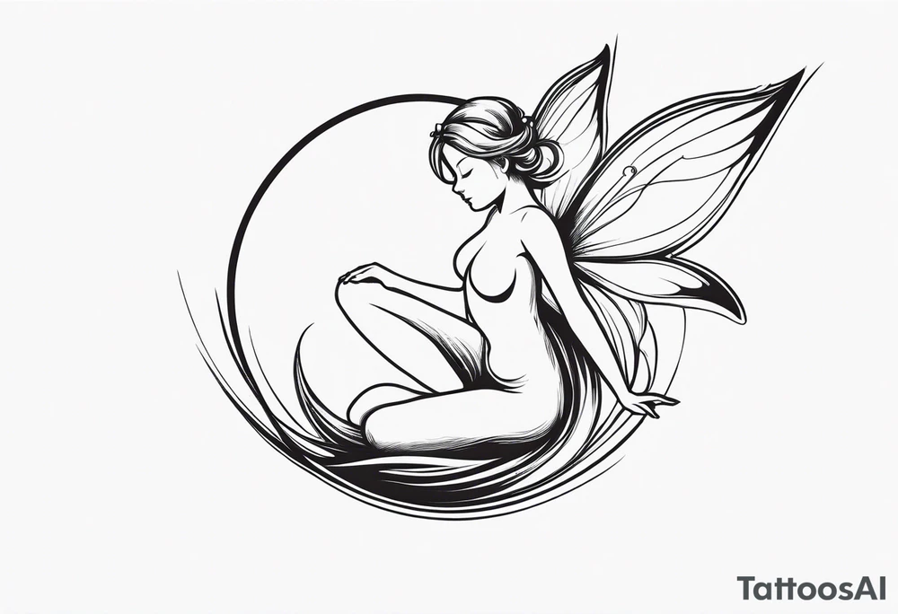 Minimalistic, monochromatic fairy with a tail flying to the left in a fetal position, leaning and looking in the same direction, with visible hands, embodying the 'Fairy Tail' logo aesthetic. tattoo idea