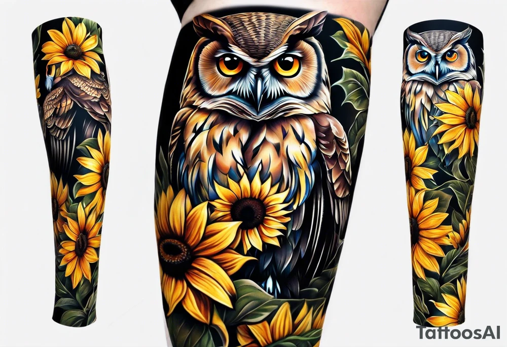 Arm sleeve with owl and sunflowers tattoo idea