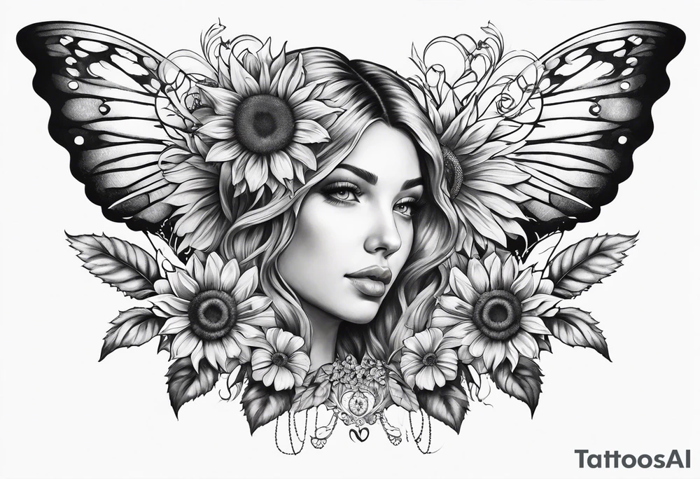 Sleeve with angel wings, sunflower and butterfly tattoo idea