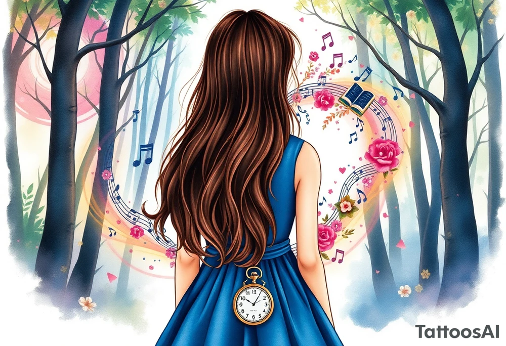 Back view of the silhouette of a brown hair girl in a blue dress inside a forest. She is following a magical colorful swirl of music notes, books, and flowers. A pocket watch is at the end of the swirl. tattoo idea