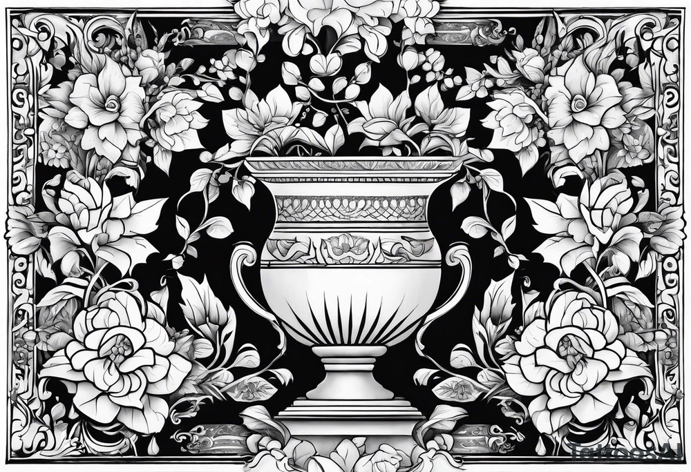 Traditional vase with patterns and flowers tattoo idea