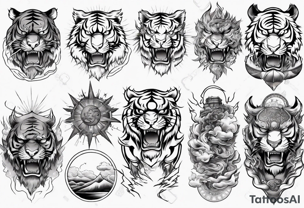 tiger warrior with lightning and the sun for a forearm sleeve tattoo idea