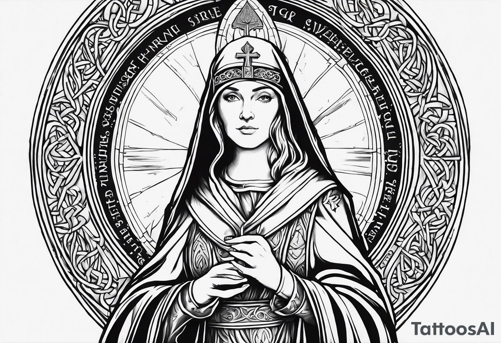A full back piece themed on the surname mcbride and the irish saint bridget. It should not have her actual face in it. It should take inspiration from artwork of saint bridget holding fire in her hands. It should have the text Vincit Pericula Virtus on it tattoo idea