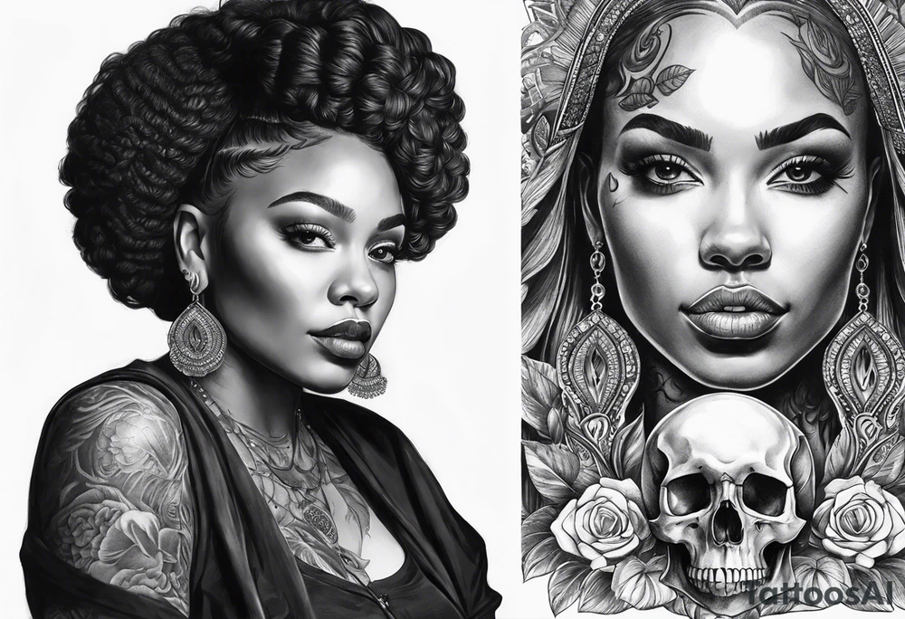 black women portrait with skull and burning candle tattoo tattoo idea