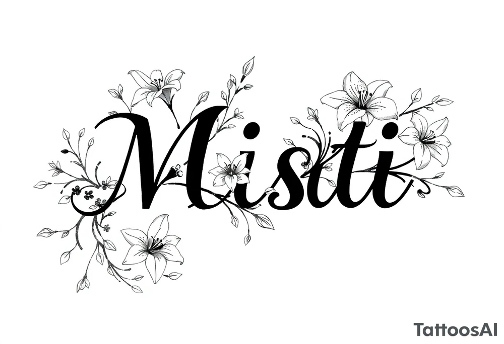 The word Misti surrounded by flowers, lilies. Vine in the letters. tattoo idea