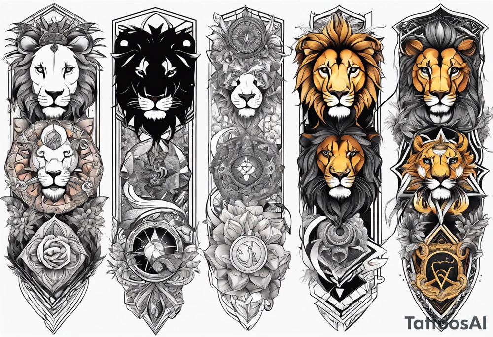 tattoo full sleeve that includes lion, cancer, aquarius and sagittarius signs tattoo idea