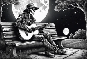 peaceful skeleton sitting on a park bench playing acoustic guitar on a cloudy night with a large full moon tattoo idea