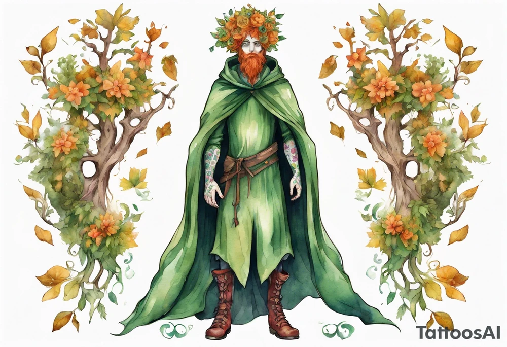 A tall, beautiful tree-man hybrid with flower hair and a cloak made of leaves. Wearing floral medieval boots. tattoo idea