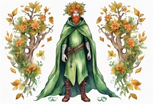 A tall, beautiful tree-man hybrid with flower hair and a cloak made of leaves. Wearing floral medieval boots. tattoo idea