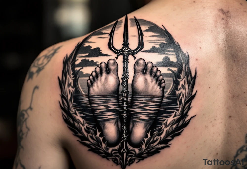 barefeet behind trident with water and sunset tattoo idea