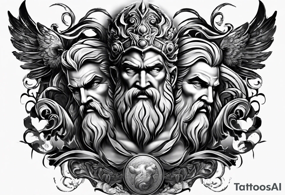 Full tattoo sleeve with Zeus, Poseidon and Hades. Zeus is at the left shoulder, Poseidon is at the left upper arm and Hades is at the left forearm. tattoo idea
