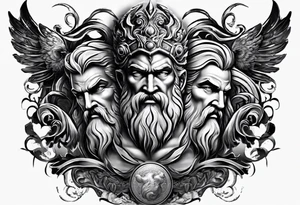 Full tattoo sleeve with Zeus, Poseidon and Hades. Zeus is at the left shoulder, Poseidon is at the left upper arm and Hades is at the left forearm. tattoo idea