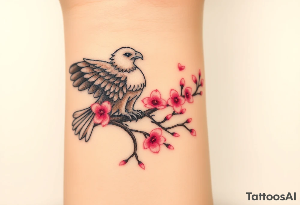 A peaceful eagle resting on a cherry blossom tree branch, surrounded by soft pink petals floating in the wind tattoo idea