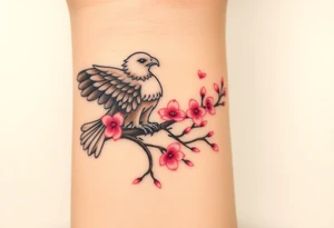 A peaceful eagle resting on a cherry blossom tree branch, surrounded by soft pink petals floating in the wind tattoo idea