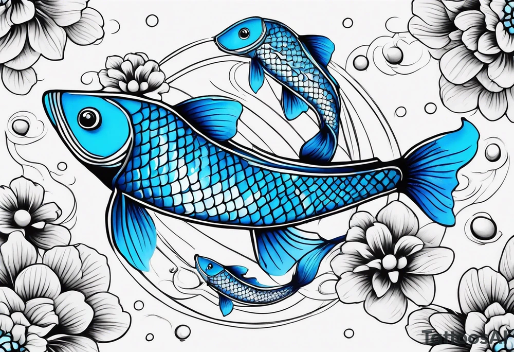 A male and female blue koi fish with three babies and eggs tattoo idea