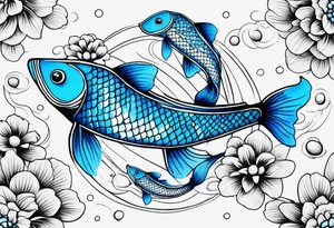 A male and female blue koi fish with three babies and eggs tattoo idea