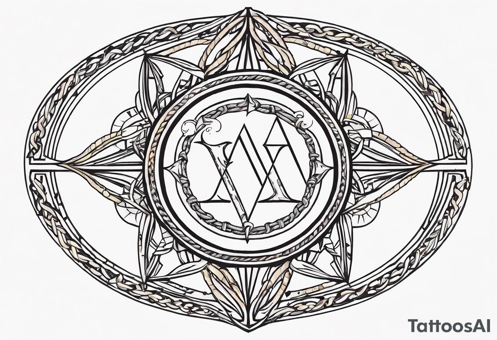 Δ inside a circle made from chain and rope elements. Plain text inside a circle, ornamental outside. tattoo idea