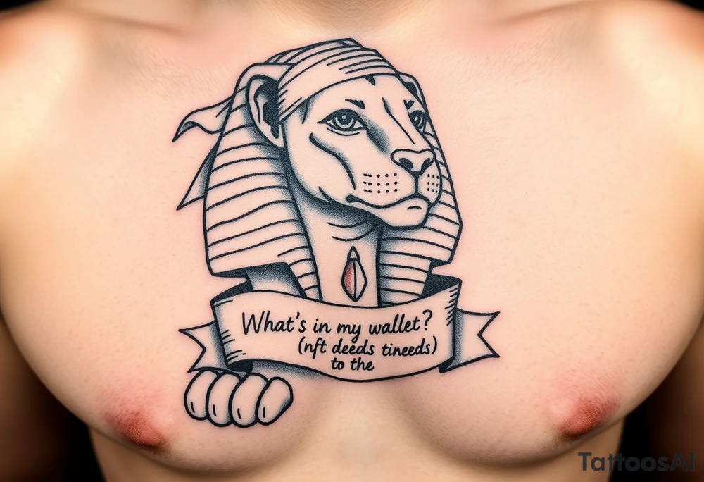 "Sphinx wearing a bandana, teardrop tattoo under its eye. Riddle scroll says: 'What’s in my wallet? (Answer: NFT deeds to the pyramids)'.  

Style: Prison tattoo meets hieroglyph carving. Black ink, chest piece." tattoo idea