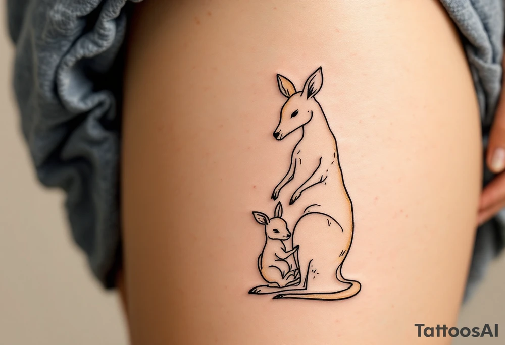 A kangaroo in warm beige carrying her joey in her pouch illustrates safety, nurturing, and constant closeness. tattoo idea