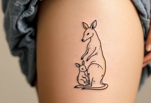 A kangaroo in warm beige carrying her joey in her pouch illustrates safety, nurturing, and constant closeness. tattoo idea