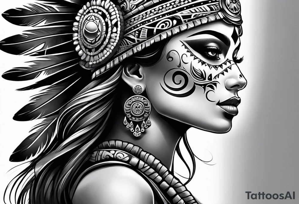 Aztec princess side profile day of the dead tattoo idea