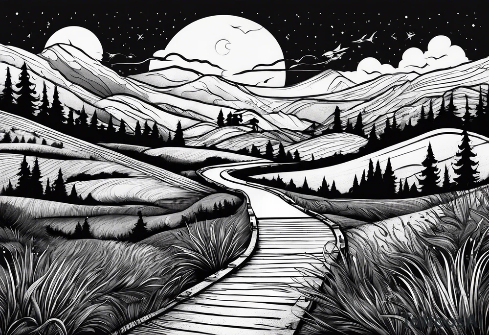 a traveler on a road that is less traveled with "Hark" in a banner tattoo idea
