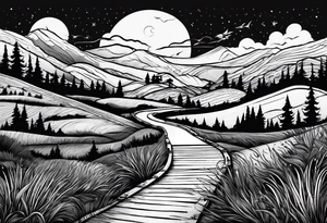 a traveler on a road that is less traveled with "Hark" in a banner tattoo idea