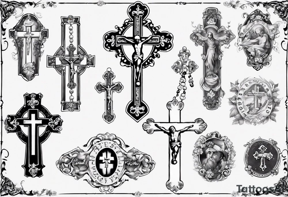 men’s arm sleeve, rosary, the name Peters, 1997, cross tattoo idea