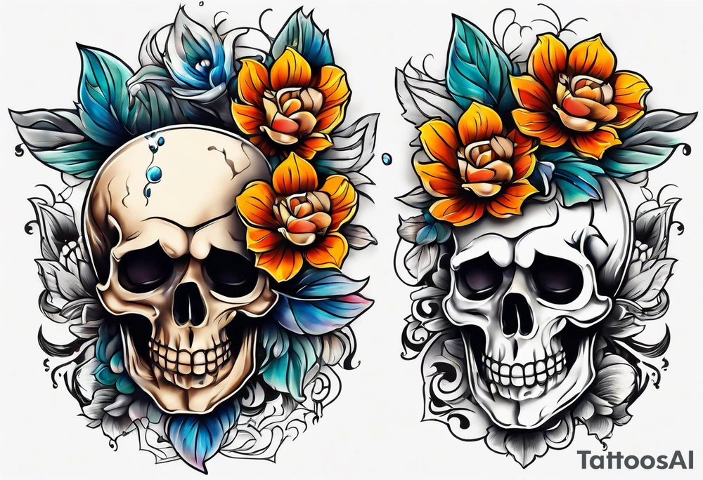 Old school center Knee tattoo with skulls, flowers, water shapes and fall colors tattoo idea